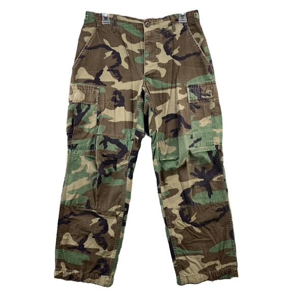 VTG Army Marine Woodland CAMO Cargo Mens Pants Button Fly Size Small Short - Picture 1 of 16